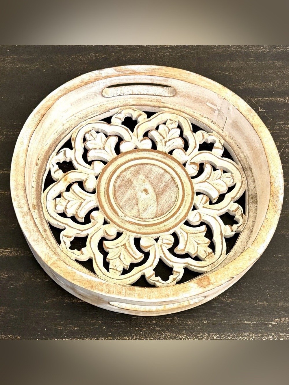 Vintage Hand-Carved Wood Floral Mandala Tray – Whitewash Centerpiece 11.5”